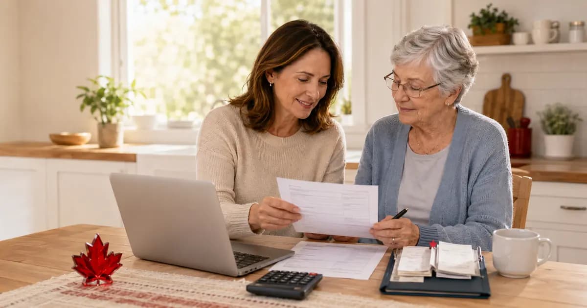 A caregiver reviewing tax paperwork at a kitchen table to claim caregiver benefits for an aging parent