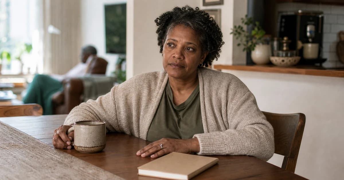 A family caregiver taking a quiet pause at a kitchen table at home.
