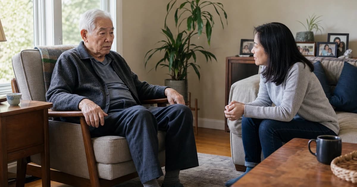 A calm caregiver supporting an older adult with dementia.