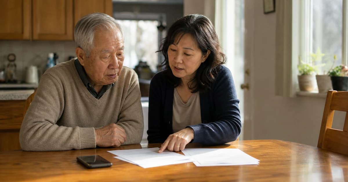 An older Canadian and an adult family member reviewing care information together at home.