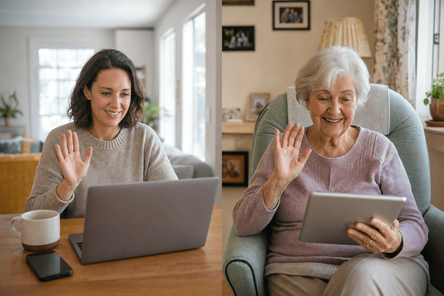 An older adult and distant family caregiver connecting by video call.