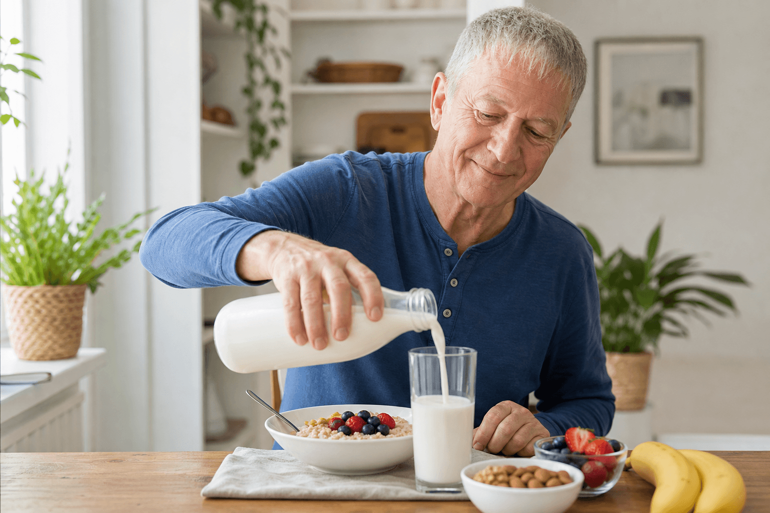 A glass of milk served with a nutritious senior breakfast.