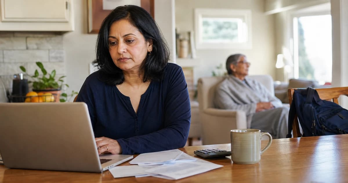 A middle-aged Canadian reviewing household finances at a kitchen table while family members are nearby.