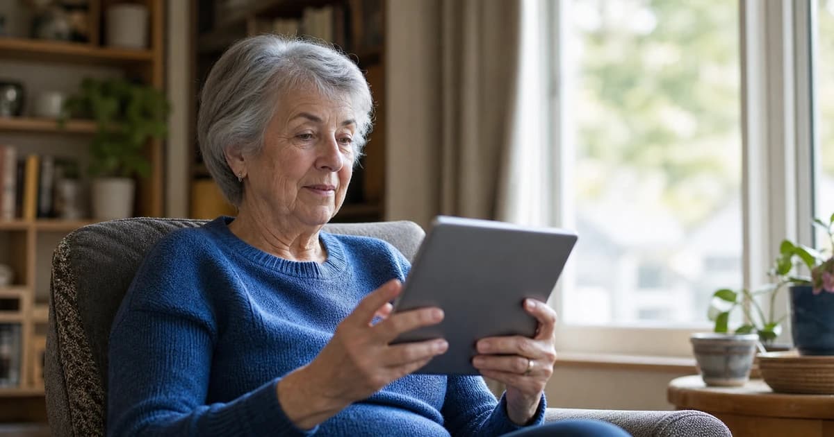 An older adult using a tablet at home.