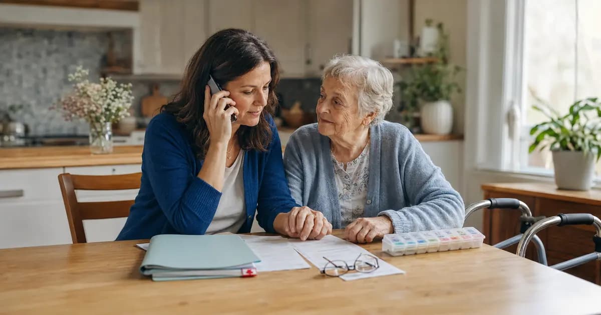 An older woman and her adult daughter sitting together at a kitchen table