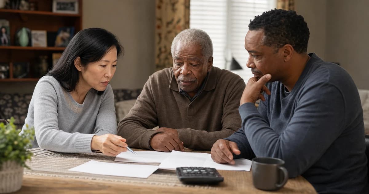 A Canadian family discussing care costs together at a dining table at home.