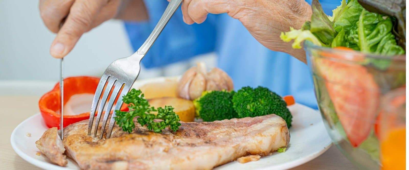 Vitamin-rich foods arranged for the diet of an older adult.