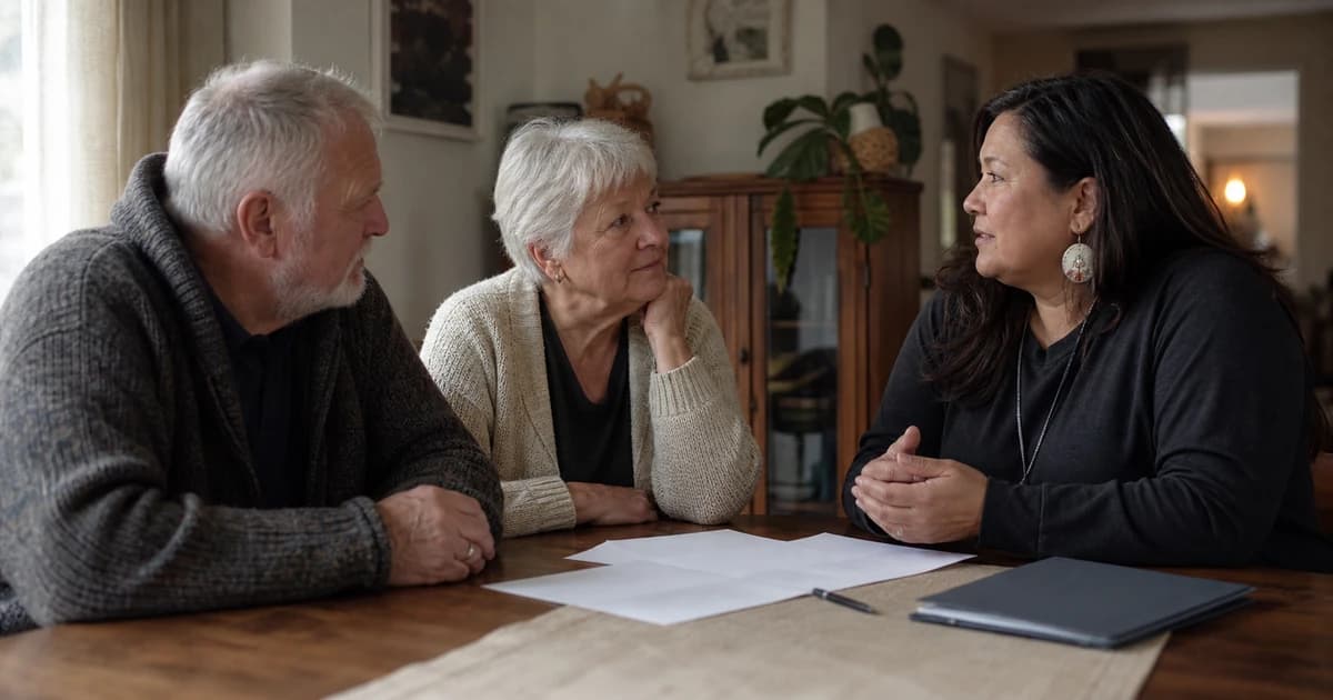 An older couple and an adult family member discussing documents together at a dining table.